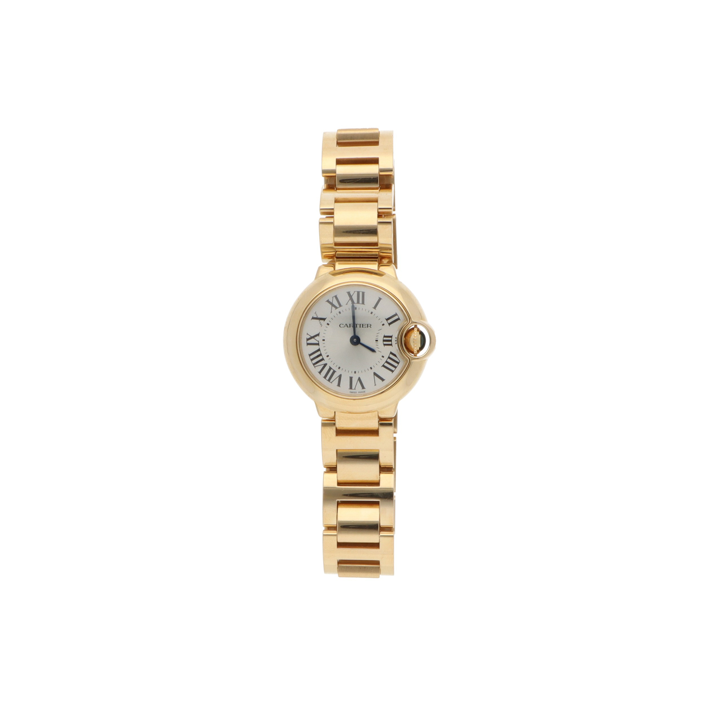CARTIER BALLON BLEU YELLOW GOLD WATCH WITH SILVER DIAL 28MM W69001Z2